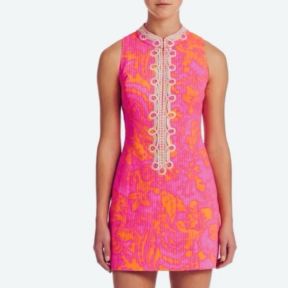 Lilly Pulitzer Alexa Shift Dress 8 Pink Gold High Neck Embellished